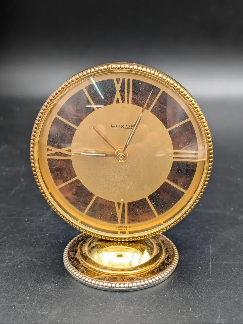 LUXOR Swiss Made Desk Alarm Clock Tortoise Dial Brass Mid Century Works Vintage